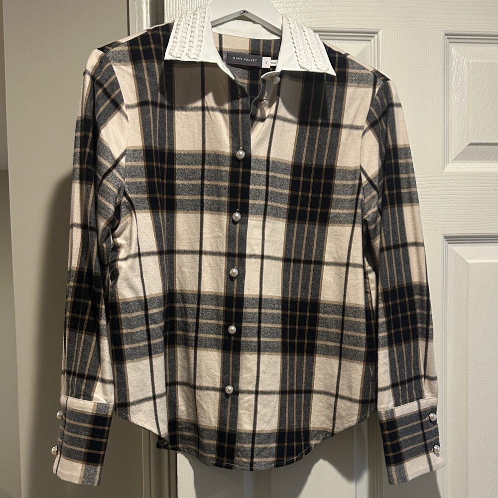 Mint Velvet Cream & Black Plaid Button-Down Shirt with Pearl Buttons